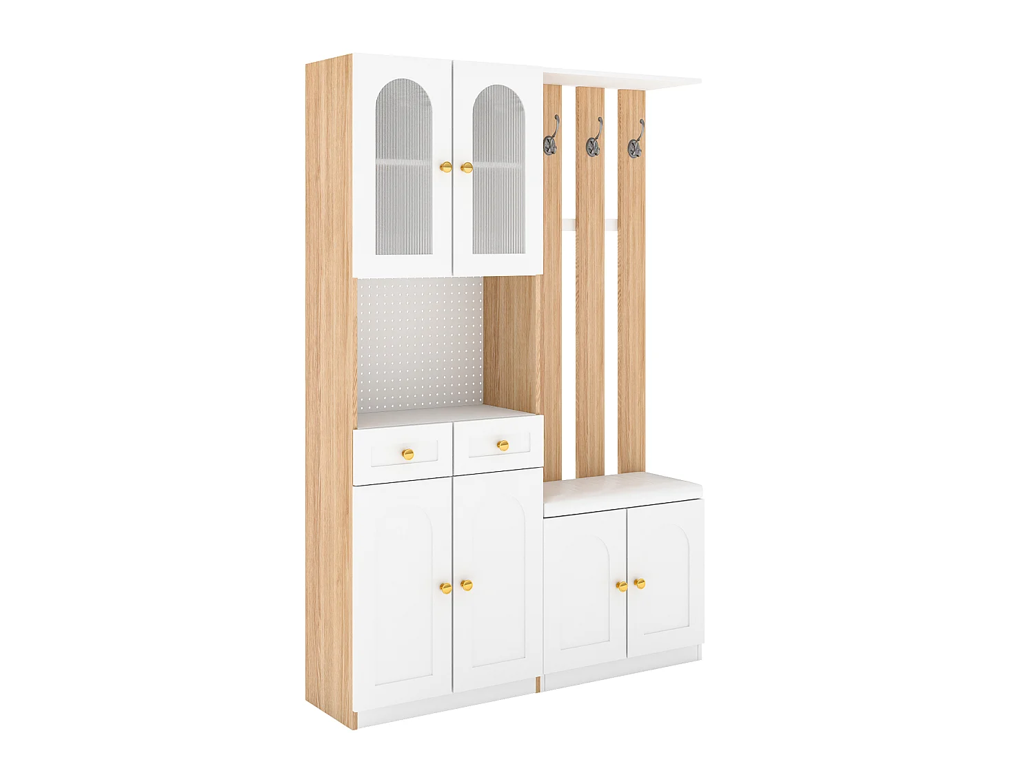Armadio con 6 ante, panca, 2 cassetti e illuminazione a LED - Bianco e legno 120x30x180 cm