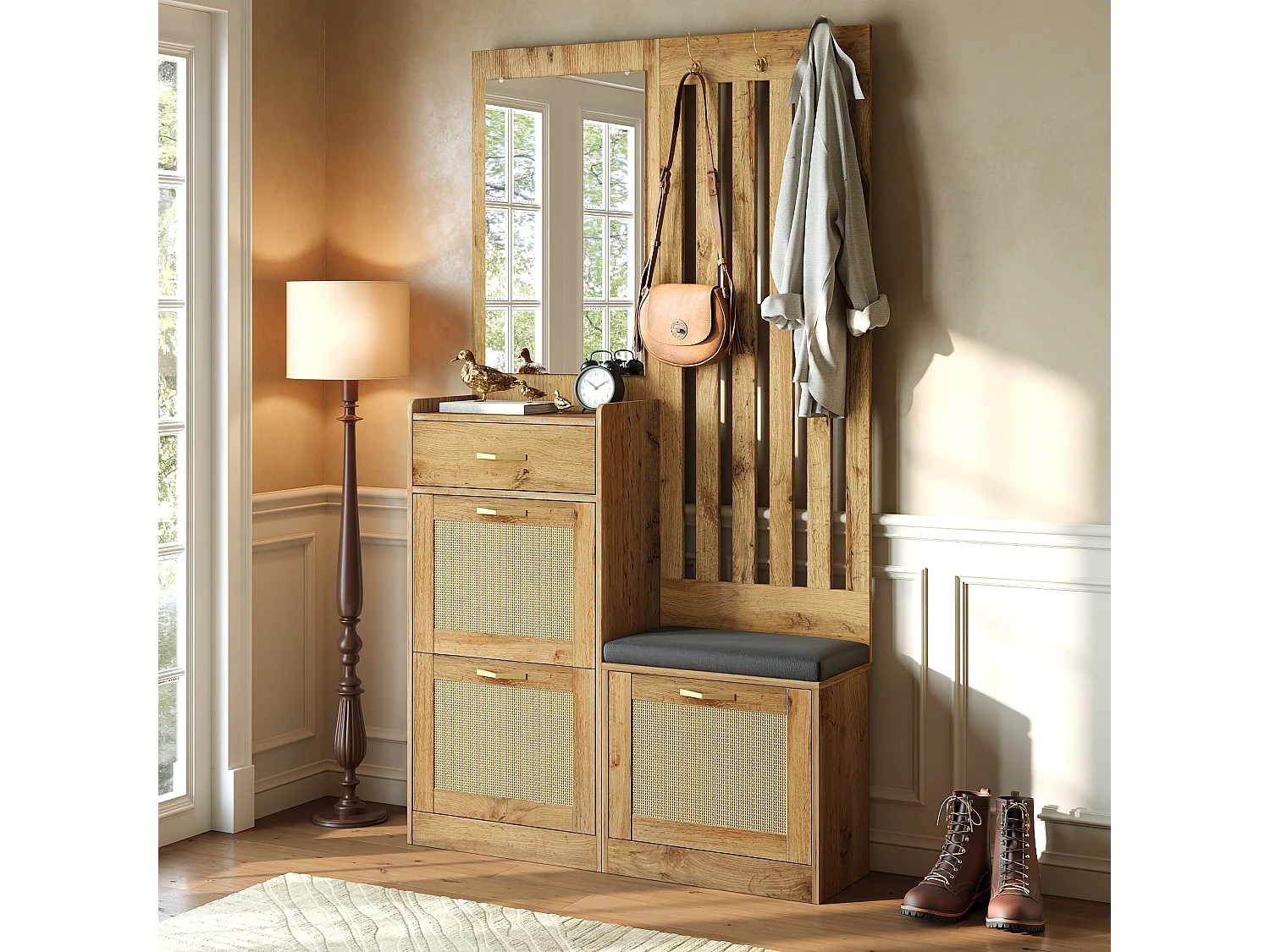 Entryway Hall Tree Set - with Mirror and Bench - with 1 Drawer and 3 Shoe Shelves - Hooks - MDF - Natural