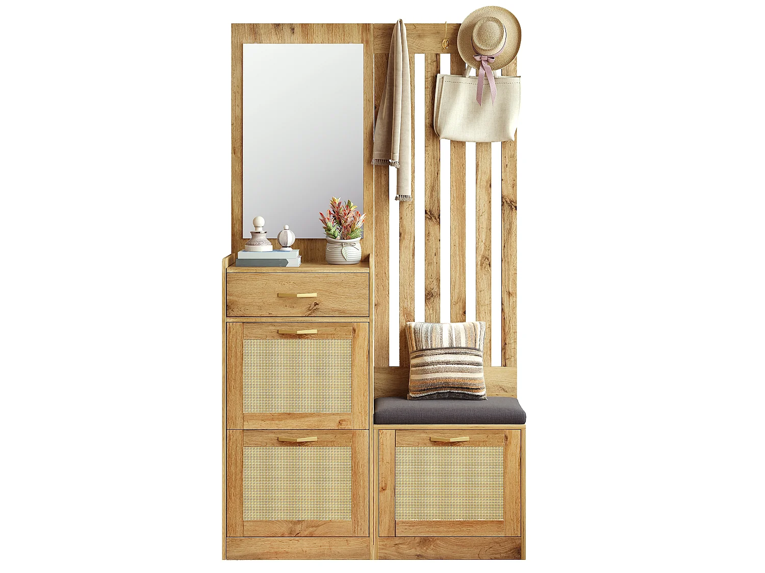 Entryway Hall Tree Set - with Mirror and Bench - with 1 Drawer and 3 Shoe Shelves - Hooks - MDF - Natural