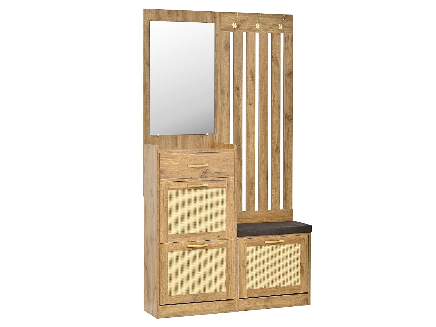 Entryway Hall Tree Set - with Mirror and Bench - with 1 Drawer and 3 Shoe Shelves - Hooks - MDF - Natural
