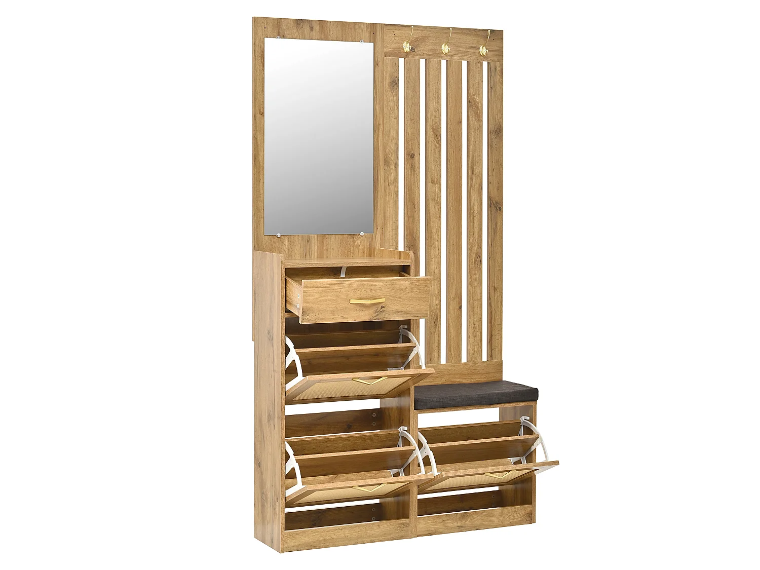 Entryway Hall Tree Set - with Mirror and Bench - with 1 Drawer and 3 Shoe Shelves - Hooks - MDF - Natural