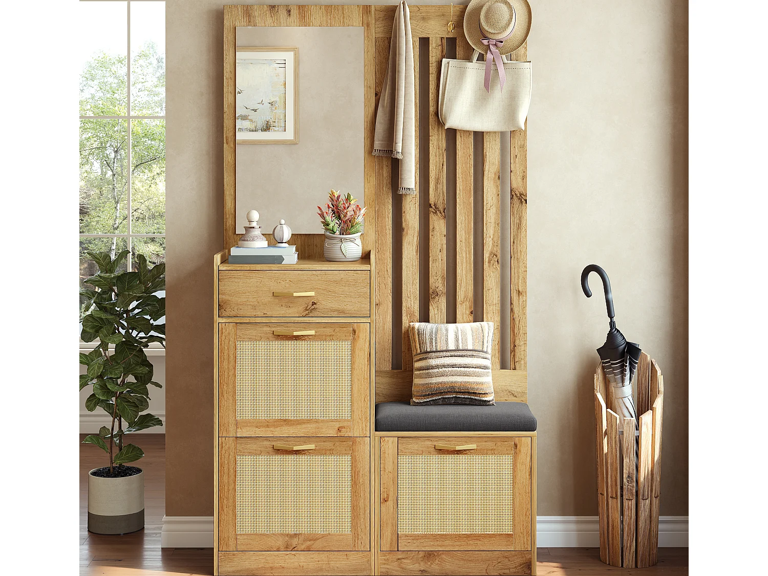 Entryway Hall Tree Set - with Mirror and Bench - with 1 Drawer and 3 Shoe Shelves - Hooks - MDF - Natural