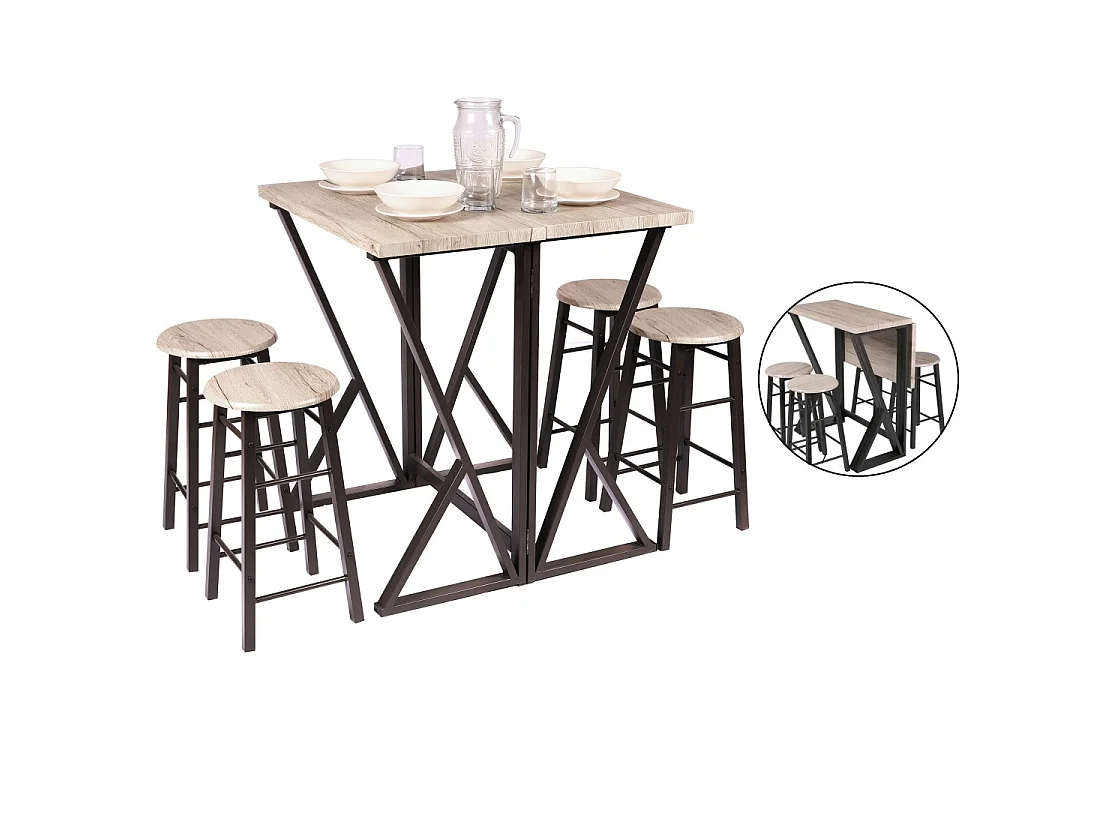 Ensemble de bar pliable avec 4 tabourets collection DARYL – Dimensions 100x60x89 cm, idéal pour les petits espaces