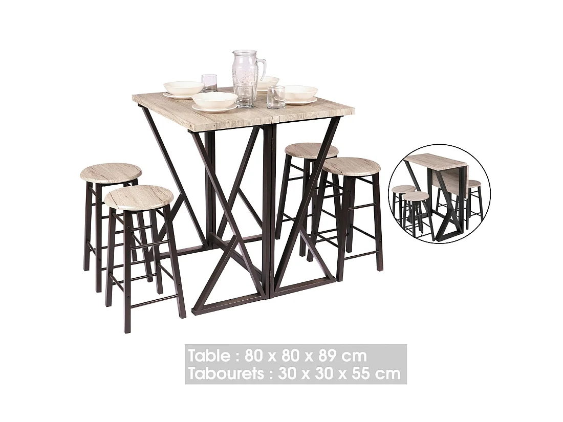 Ensemble de bar pliable avec 4 tabourets collection DARYL – Dimensions 100x60x89 cm, idéal pour les petits espaces