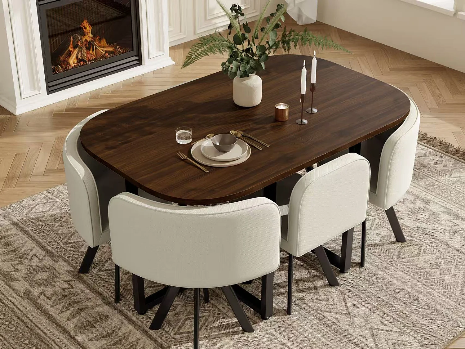 Dining table and chair set for 6 people - 1 table (140 x 90 cm) and 6 linen chairs - Walnut top + beige chairs