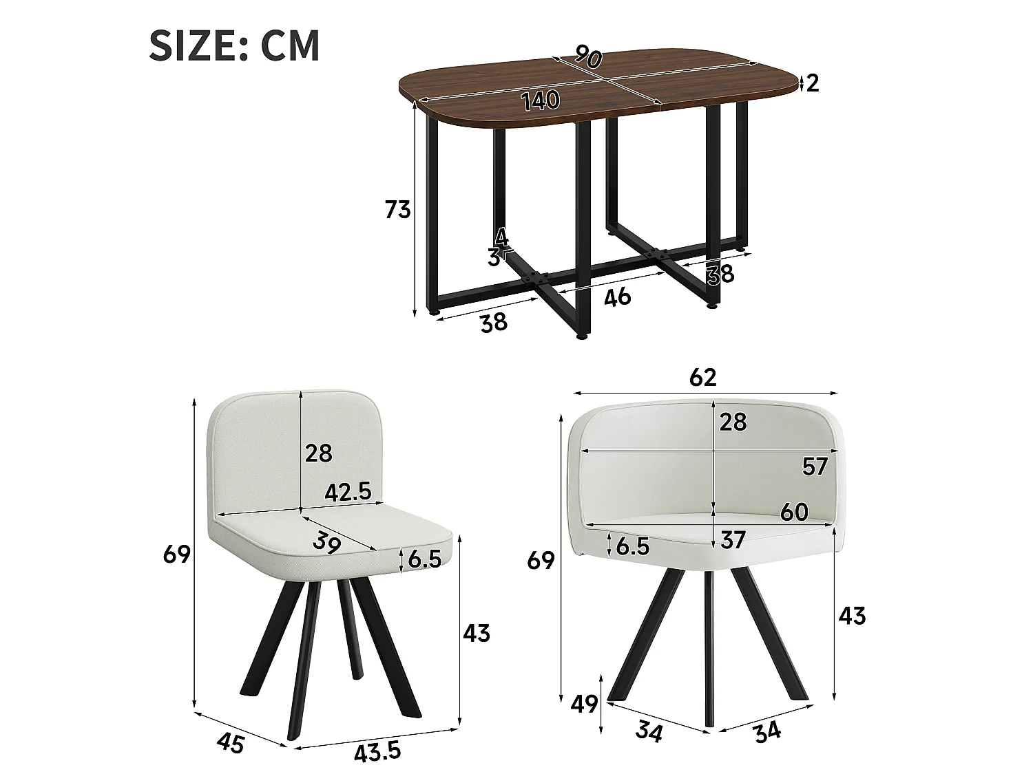 Dining table and chair set for 6 people - 1 table (140 x 90 cm) and 6 linen chairs - Walnut top + beige chairs