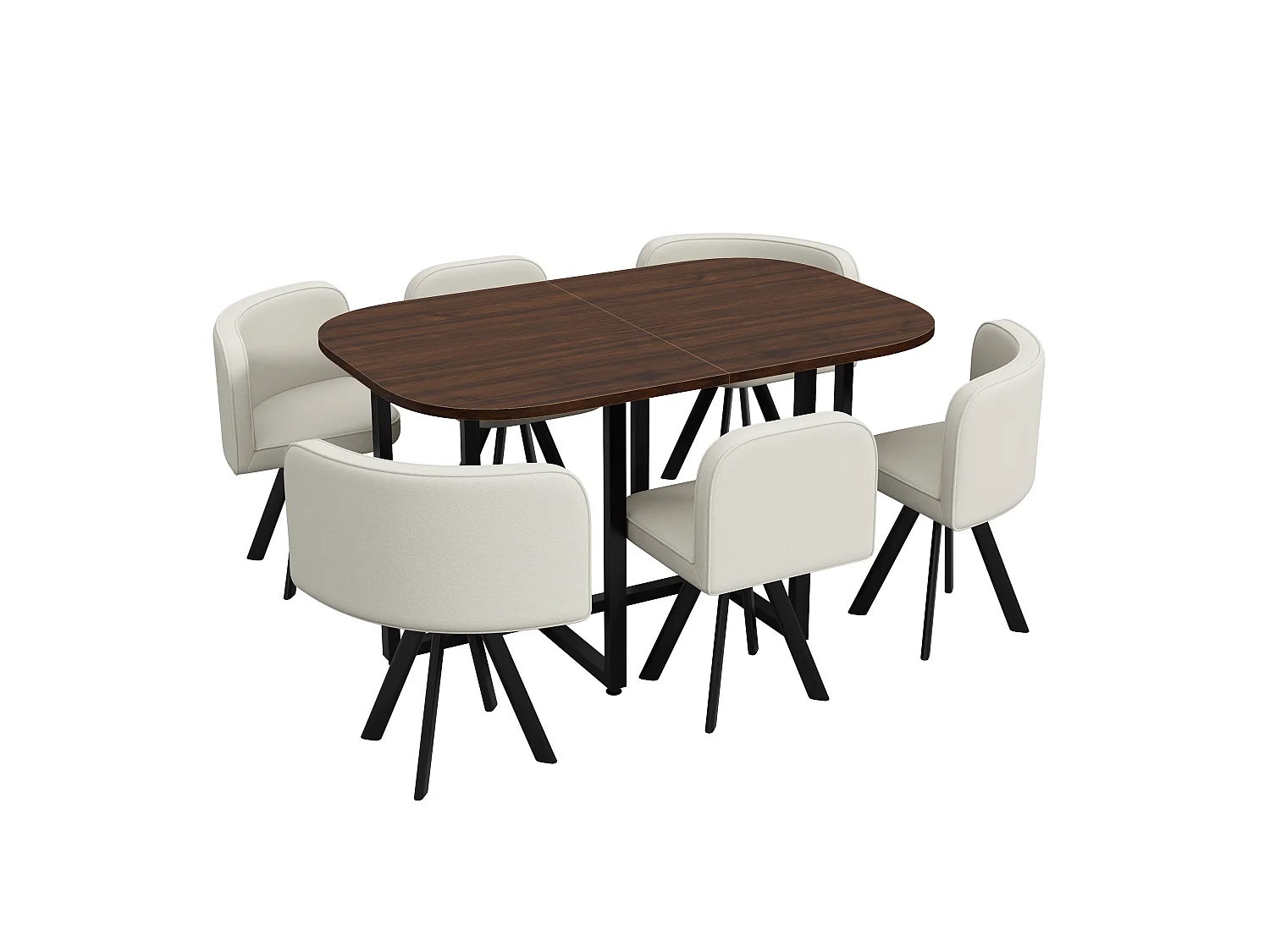Dining table and chair set for 6 people - 1 table (140 x 90 cm) and 6 linen chairs - Walnut top + beige chairs