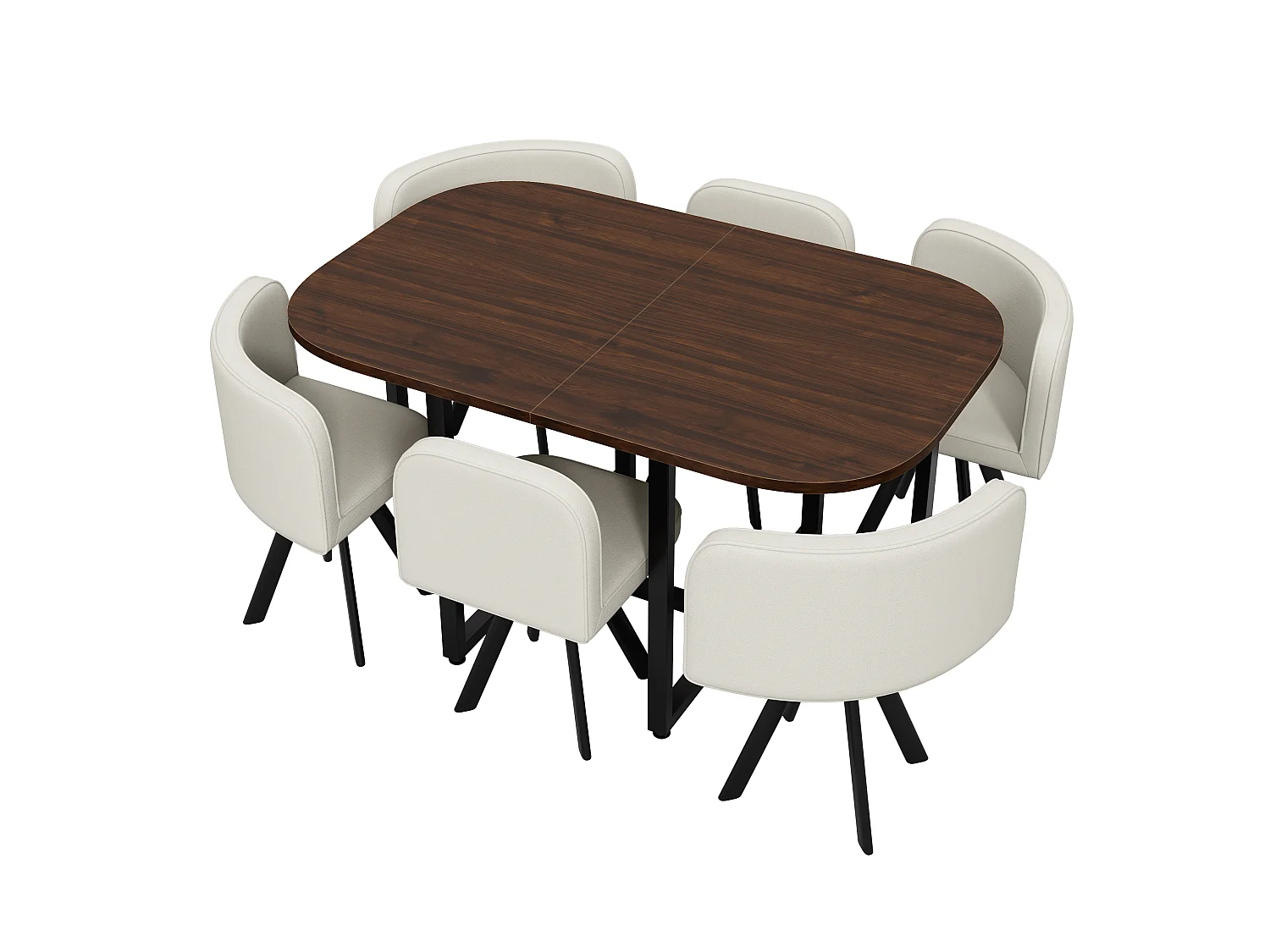 Dining table and chair set for 6 people - 1 table (140 x 90 cm) and 6 linen chairs - Walnut top + beige chairs