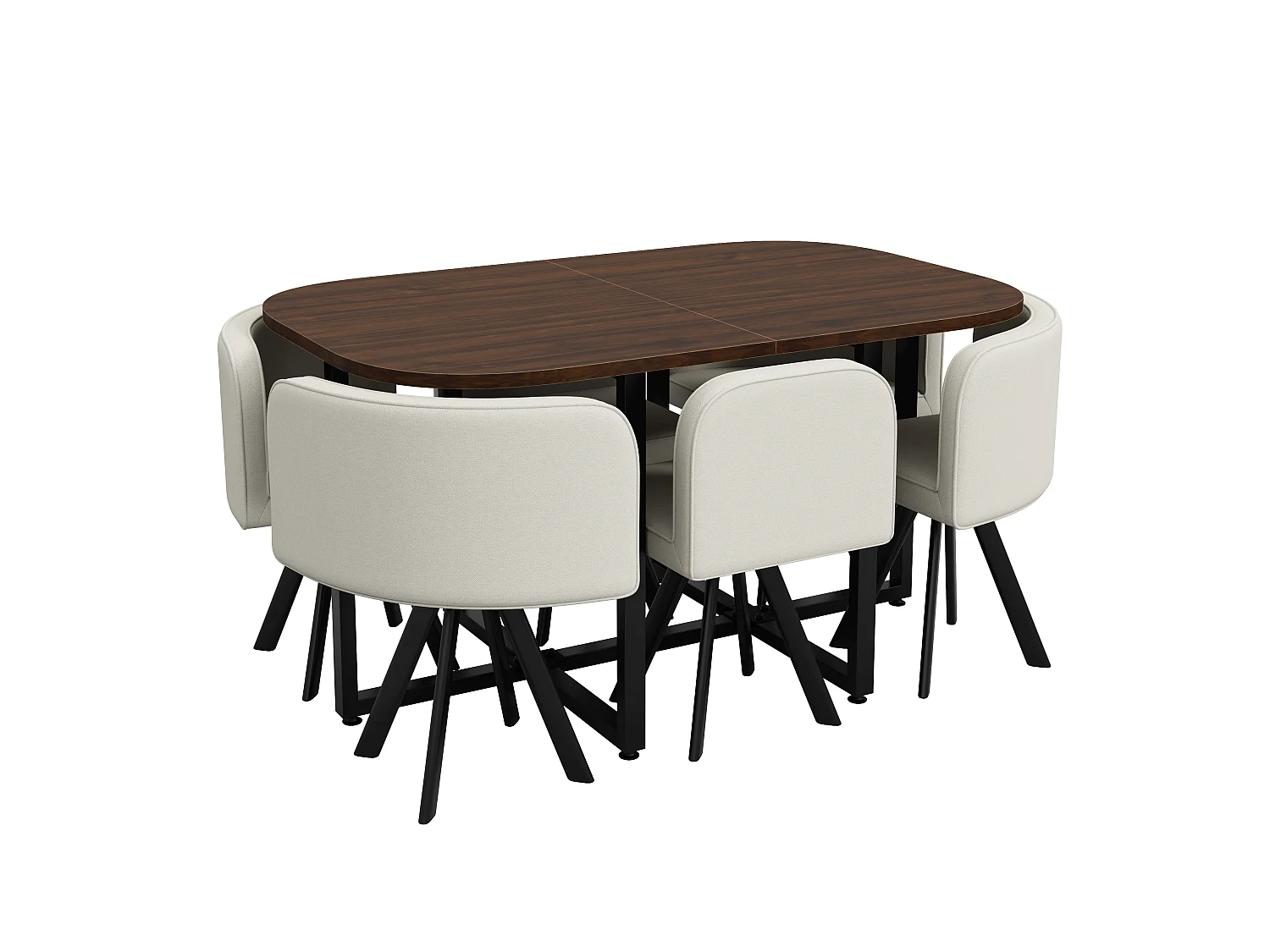Dining table and chair set for 6 people - 1 table (140 x 90 cm) and 6 linen chairs - Walnut top + beige chairs