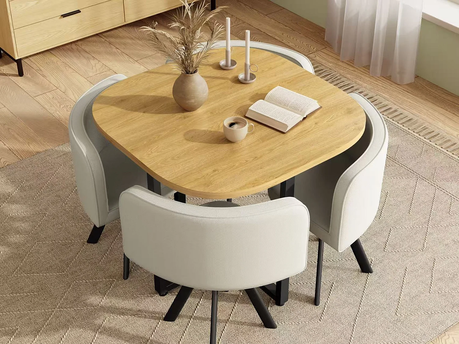 Dining table and chair set for 4 people - 1 table (85 x 85 cm) and 4 linen chairs - Oak top + beige chairs