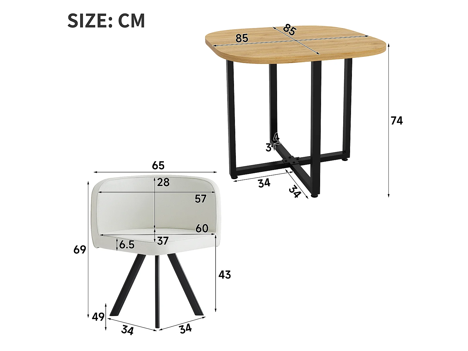 Dining table and chair set for 4 people - 1 table (85 x 85 cm) and 4 linen chairs - Oak top + beige chairs