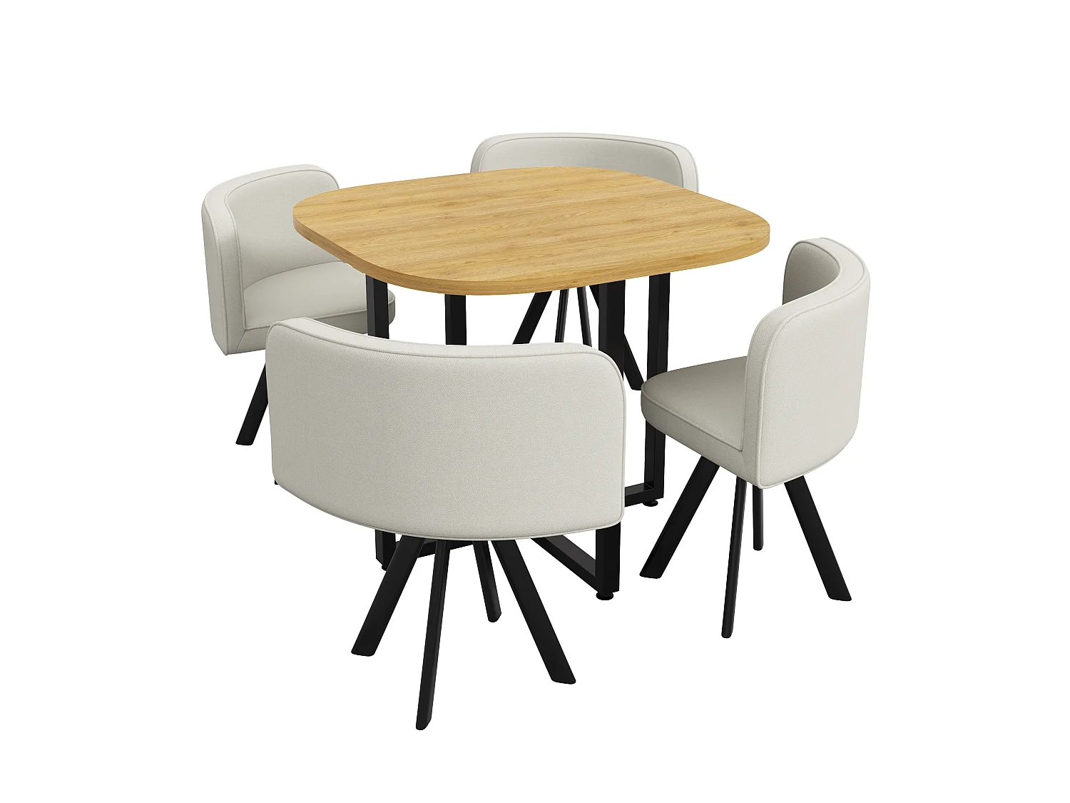 Dining table and chair set for 4 people - 1 table (85 x 85 cm) and 4 linen chairs - Oak top + beige chairs