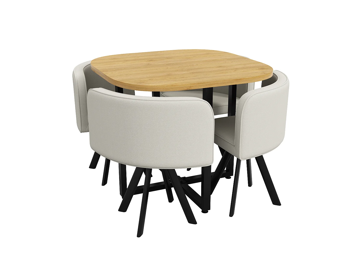 Dining table and chair set for 4 people - 1 table (85 x 85 cm) and 4 linen chairs - Oak top + beige chairs