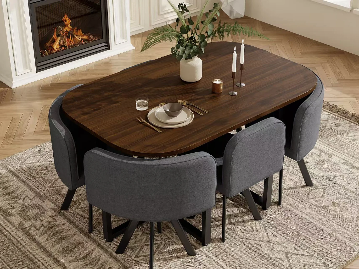 Dining table and chair set for 6 people - 1 table (140 x 90 cm) and 6 linen chairs - Walnut top + grey chair
