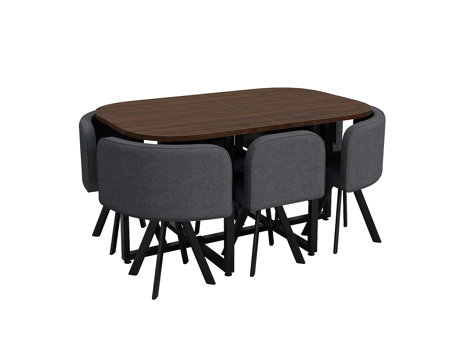 Dining table and chair set for 6 people - 1 table (140 x 90 cm) and 6 linen chairs - Walnut top + grey chair