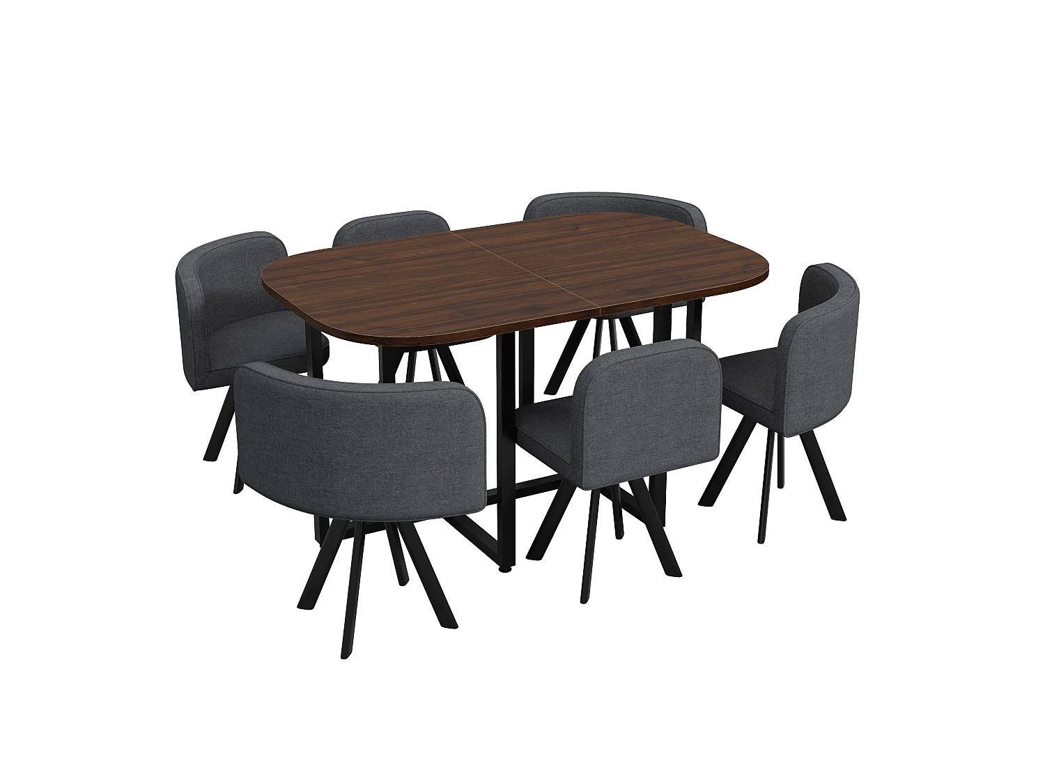 Dining table and chair set for 6 people - 1 table (140 x 90 cm) and 6 linen chairs - Walnut top + grey chair