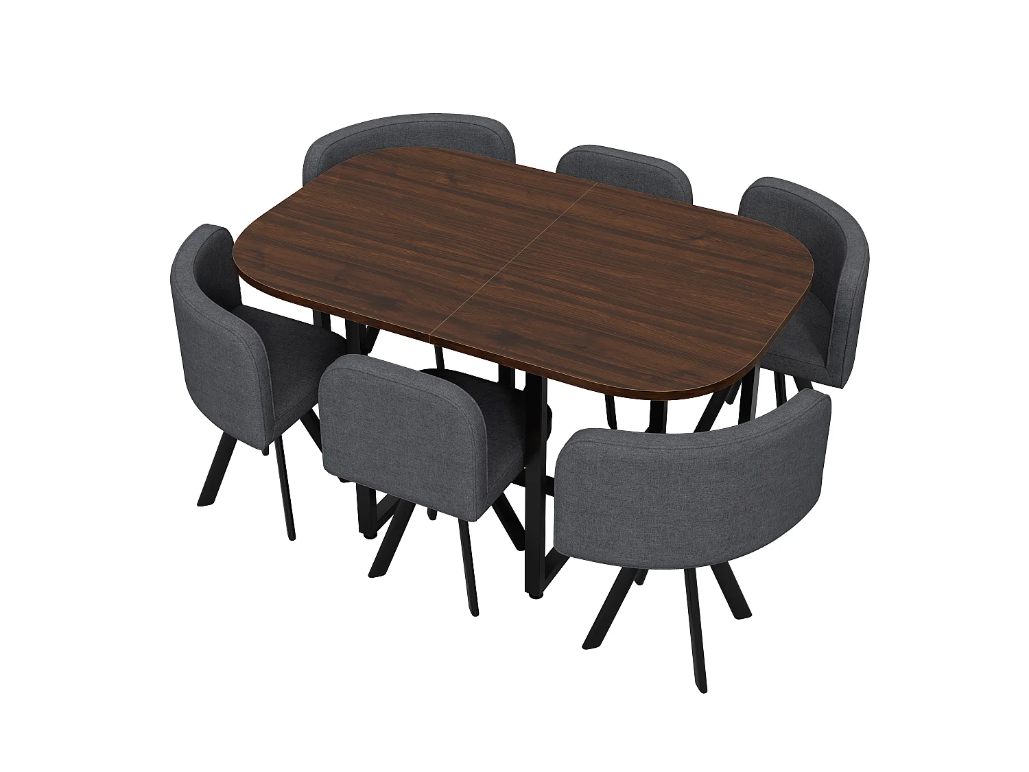 Dining table and chair set for 6 people - 1 table (140 x 90 cm) and 6 linen chairs - Walnut top + grey chair