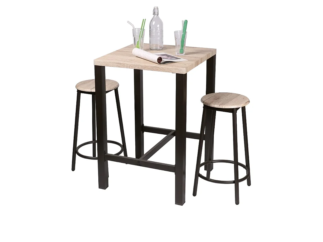 Ensemble de bar carré et 2 tabourets collection DARYL – Structure en métal noir et plateau en MDF couleur bois