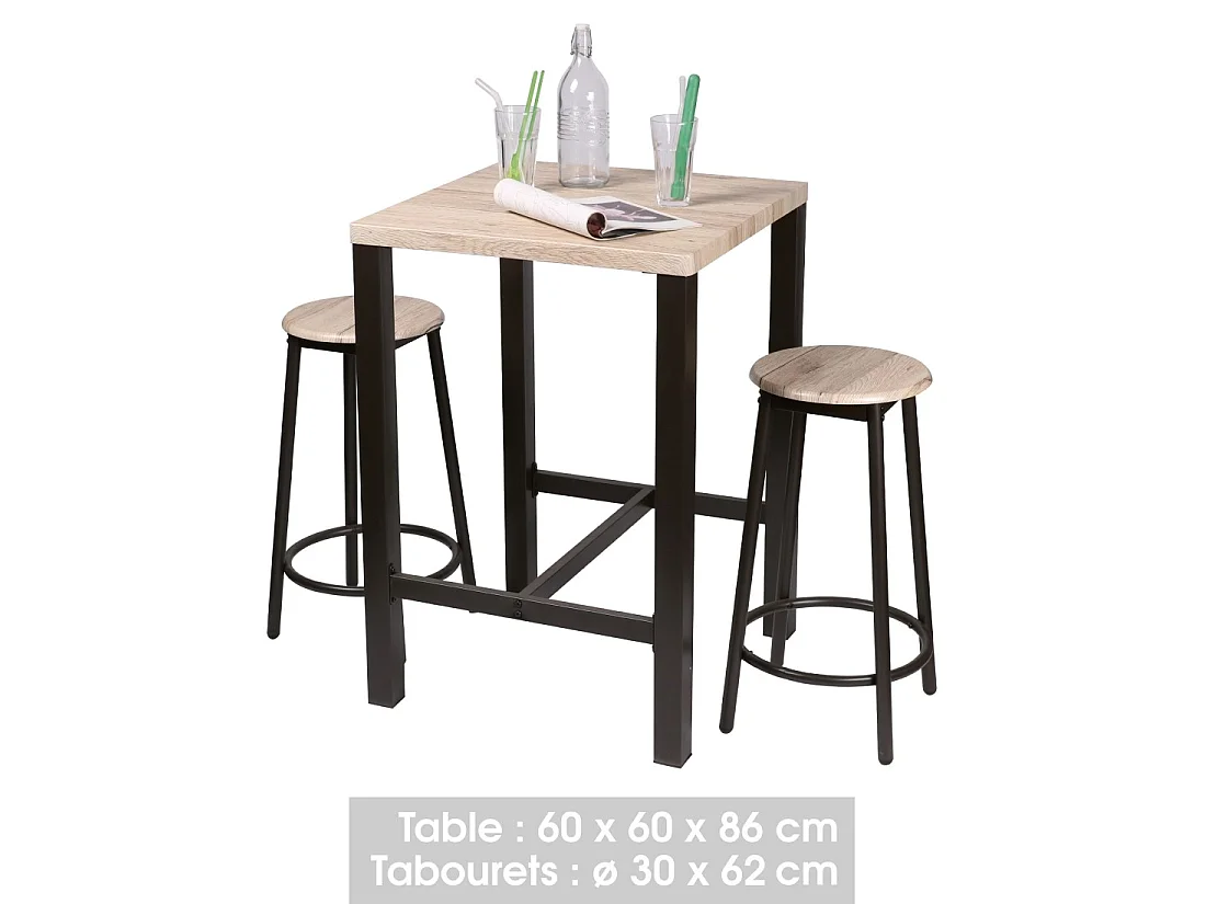 Ensemble de bar carré et 2 tabourets collection DARYL – Structure en métal noir et plateau en MDF couleur bois