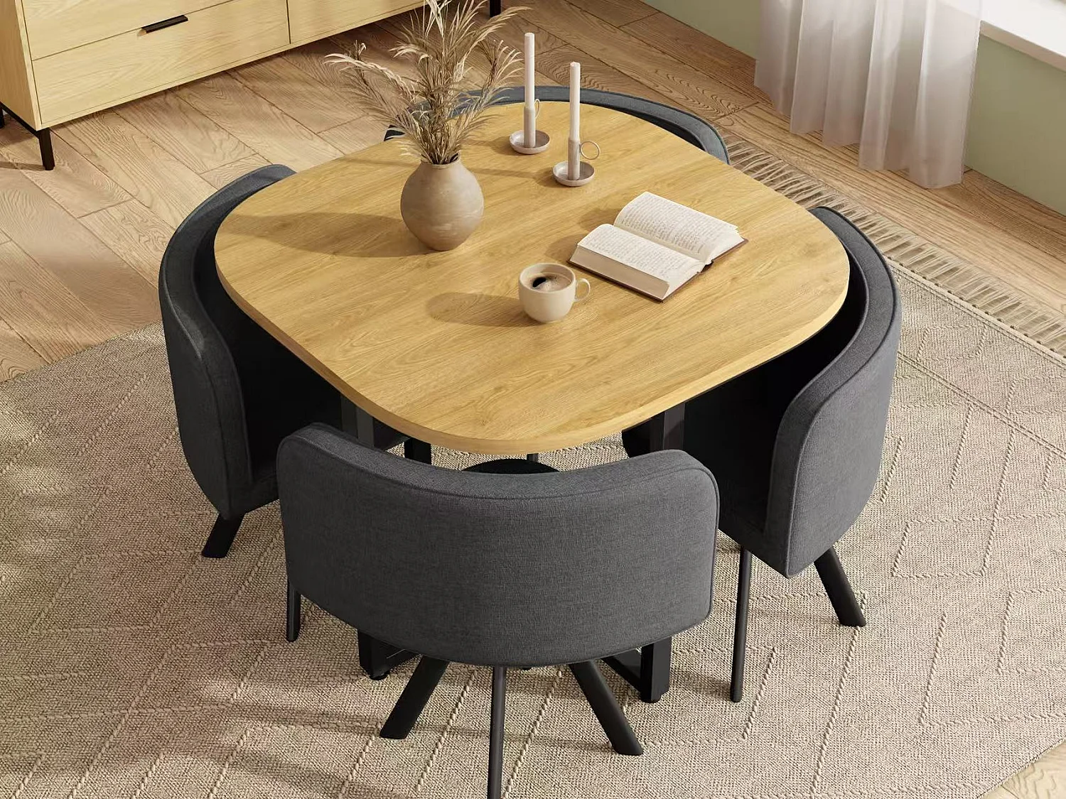 Dining table and chair set for 4 people - 1 table (85 x 85 cm) and 4 linen chairs - Oak top + grey chair