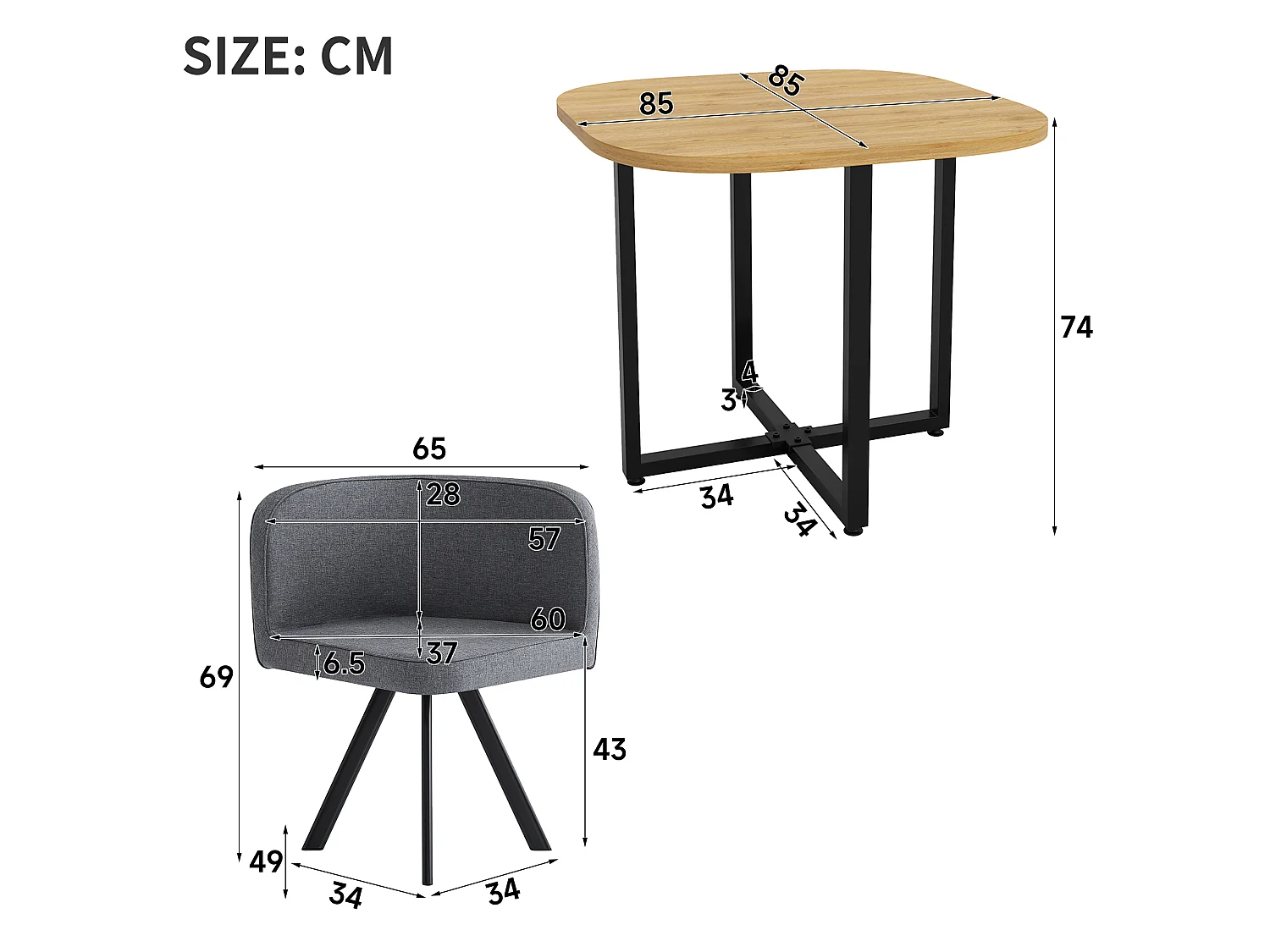 Dining table and chair set for 4 people - 1 table (85 x 85 cm) and 4 linen chairs - Oak top + grey chair