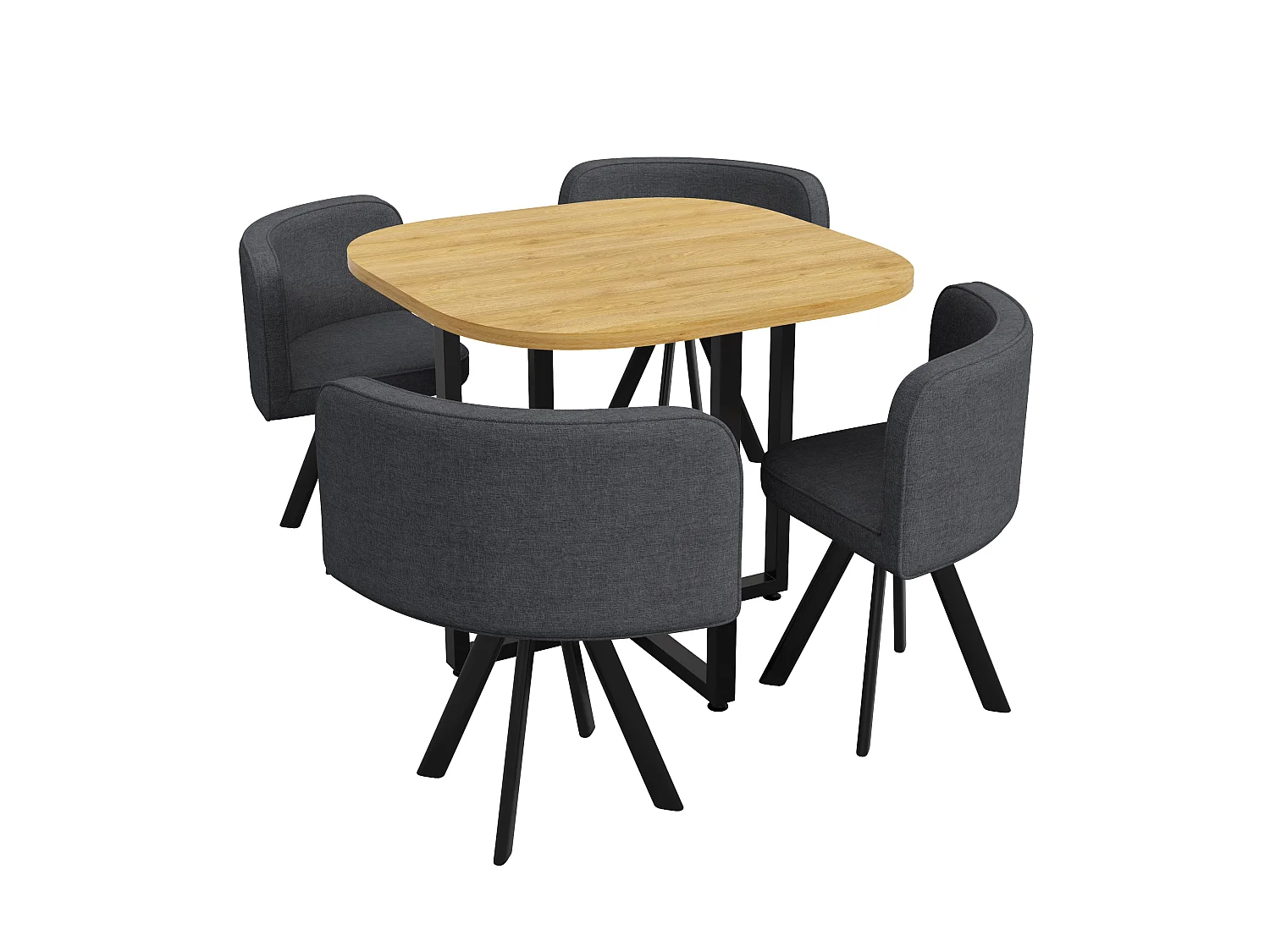 Dining table and chair set for 4 people - 1 table (85 x 85 cm) and 4 linen chairs - Oak top + grey chair