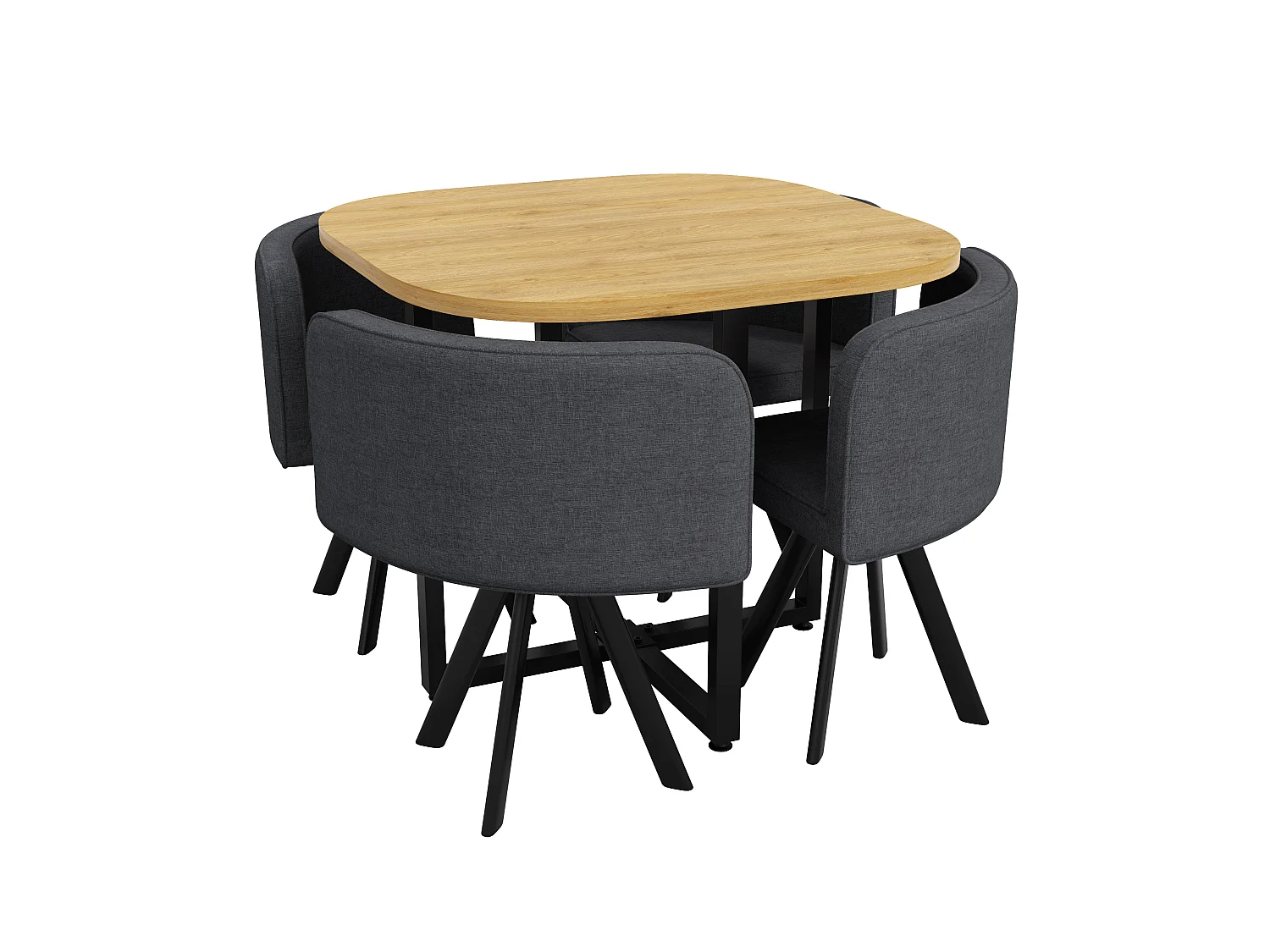 Dining table and chair set for 4 people - 1 table (85 x 85 cm) and 4 linen chairs - Oak top + grey chair