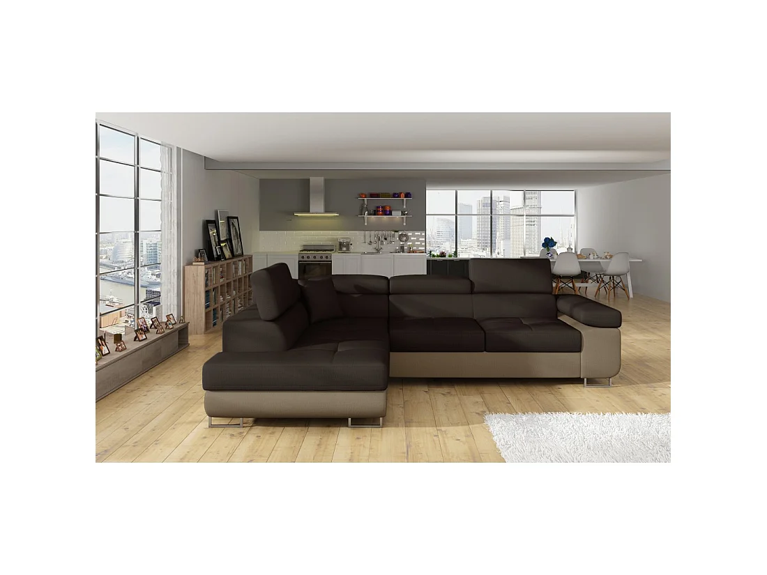 Canapé d'angle convertible MENTON beige et marron bouclette – Angle gauche avec coffre