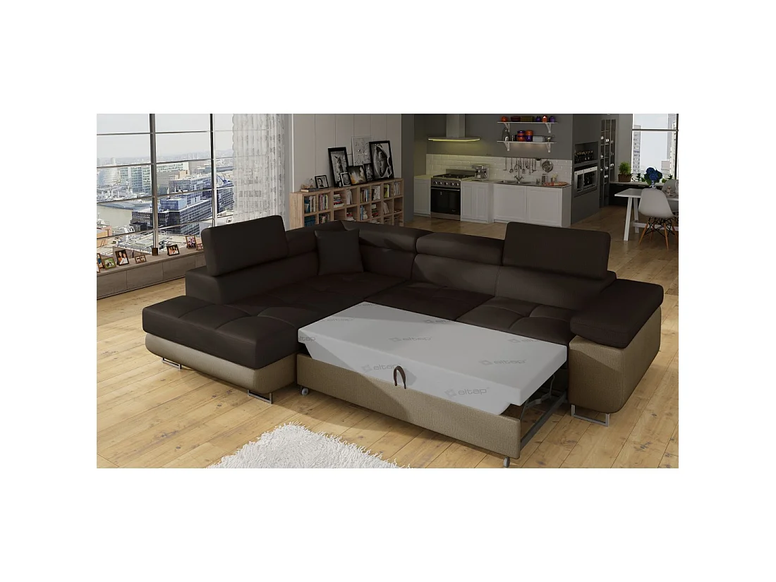 Canapé d'angle convertible MENTON beige et marron bouclette – Angle gauche avec coffre