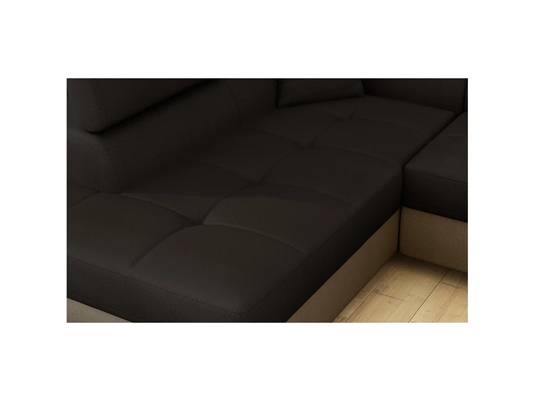 Canapé d'angle convertible MENTON beige et marron bouclette – Angle gauche avec coffre