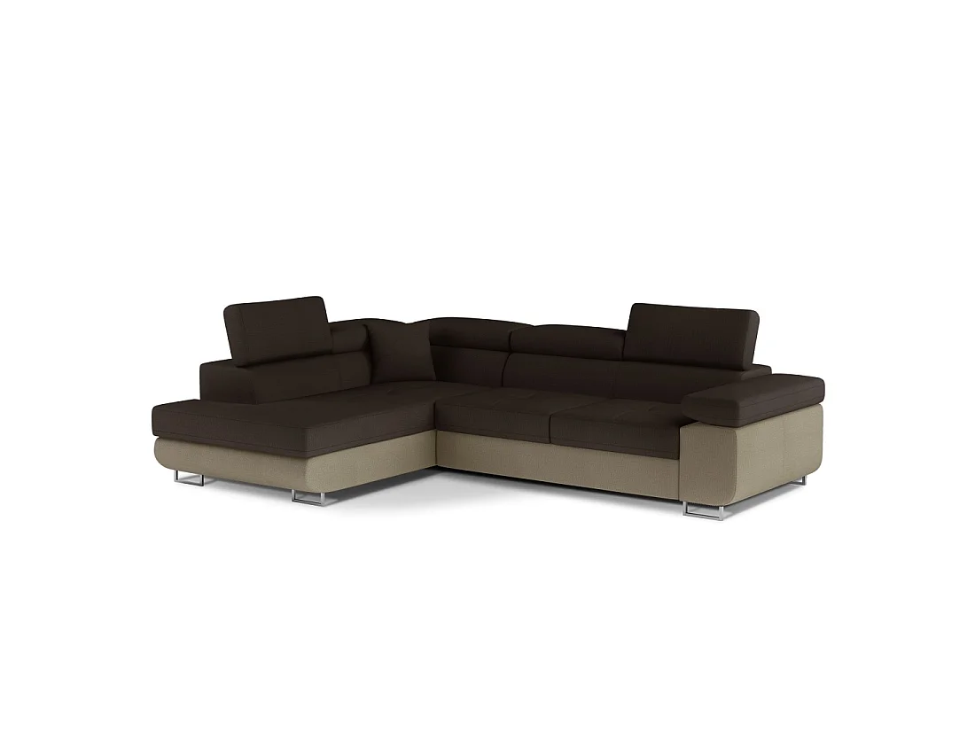Canapé d'angle convertible MENTON beige et marron bouclette – Angle gauche avec coffre