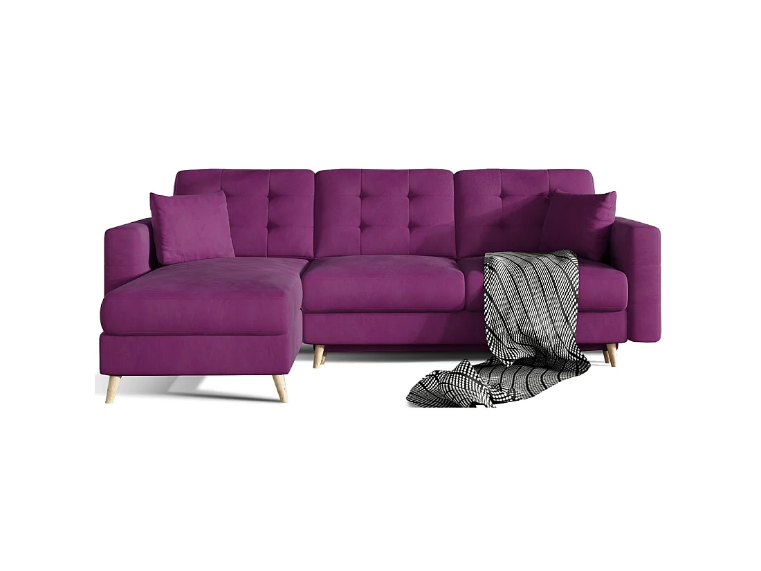 Canapé d'angle convertible HASGARD 3 places violet 248x162 cm – coffre et pieds bois