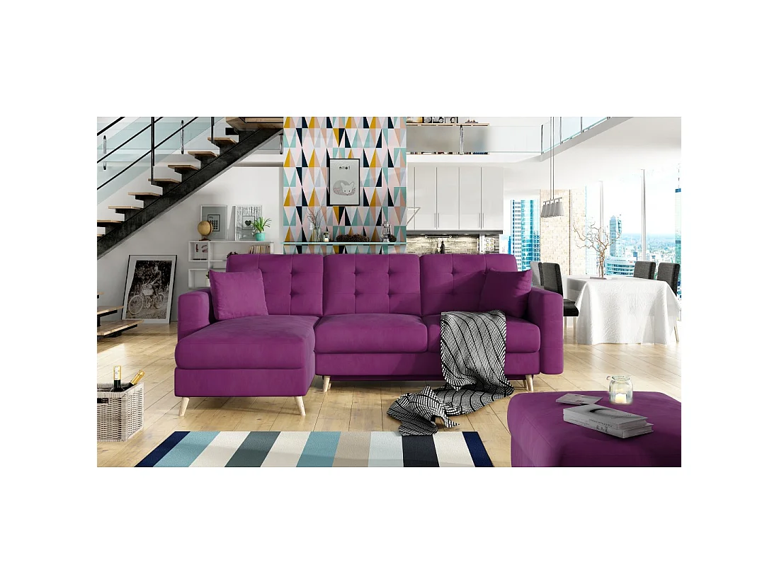 Canapé d'angle convertible HASGARD 3 places violet 248x162 cm – coffre et pieds bois