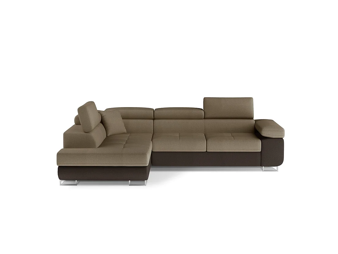 Canapé d'angle convertible MENTON beige et marron bouclette – Angle gauche avec coffre