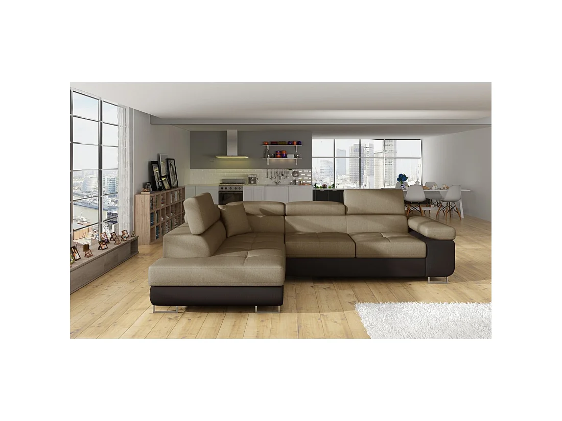 Canapé d'angle convertible MENTON beige et marron bouclette – Angle gauche avec coffre