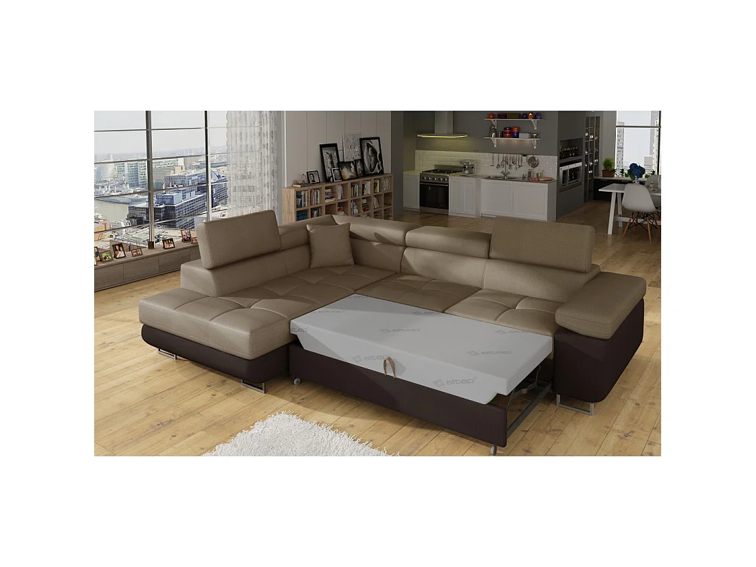 Canapé d'angle convertible MENTON beige et marron bouclette – Angle gauche avec coffre