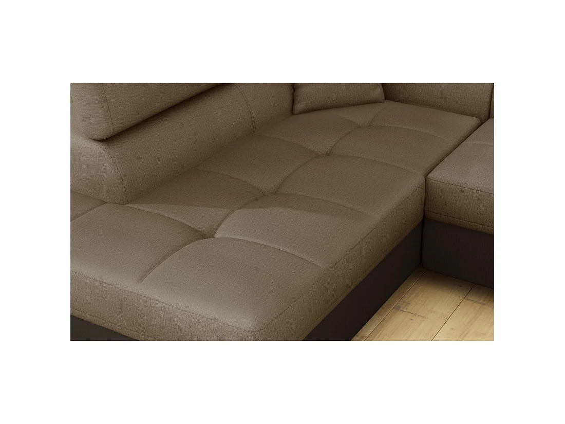 Canapé d'angle convertible MENTON beige et marron bouclette – Angle gauche avec coffre