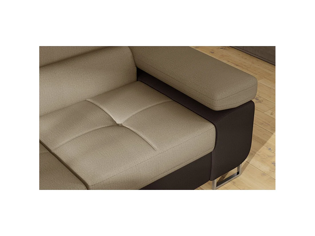 Canapé d'angle convertible MENTON beige et marron bouclette – Angle gauche avec coffre