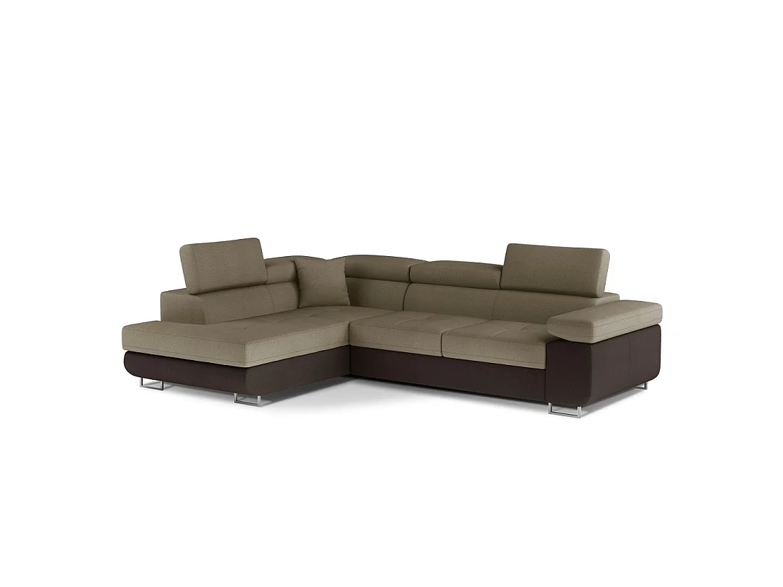 Canapé d'angle convertible MENTON beige et marron bouclette – Angle gauche avec coffre