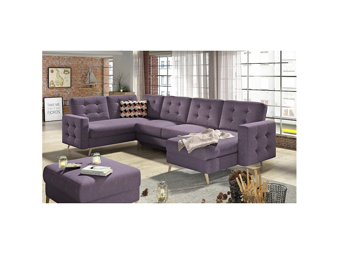Sofá de esquina panorámico convertible HASGARD U 326 cm violeta con cofre