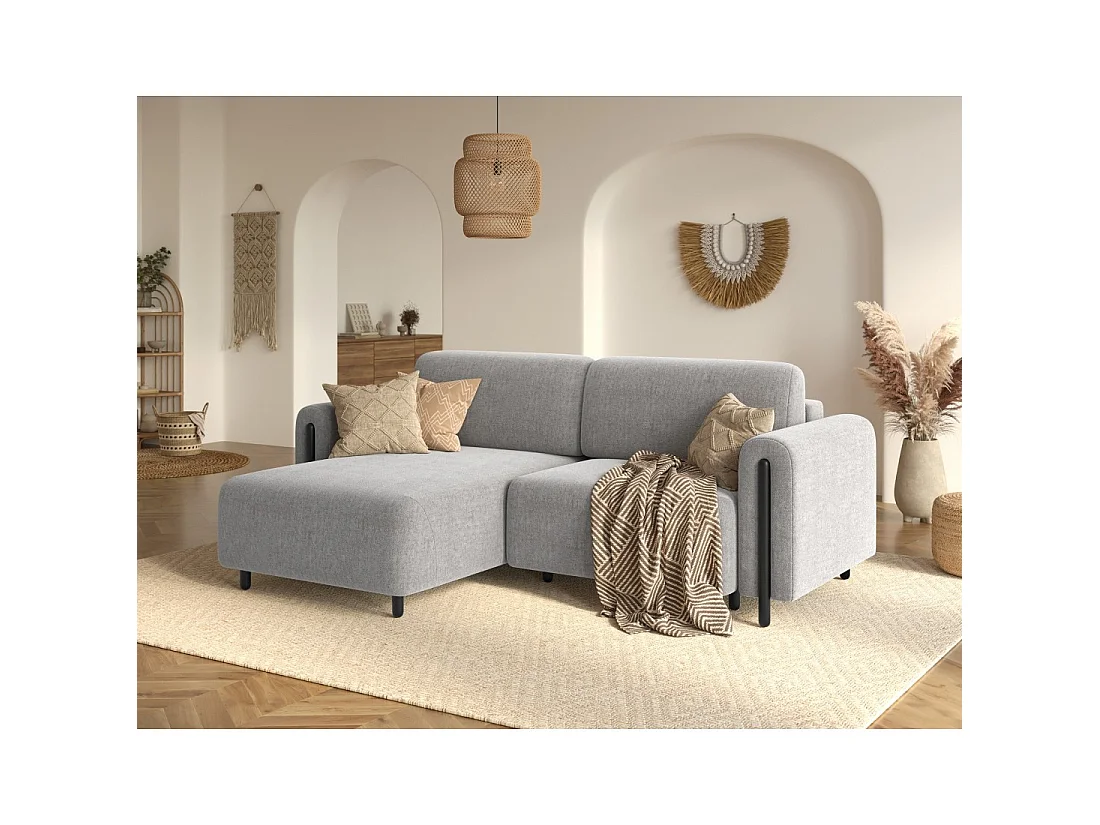 Canapé d'angle convertible ARVESSA gris clair bouclette – Angle gauche avec coffre