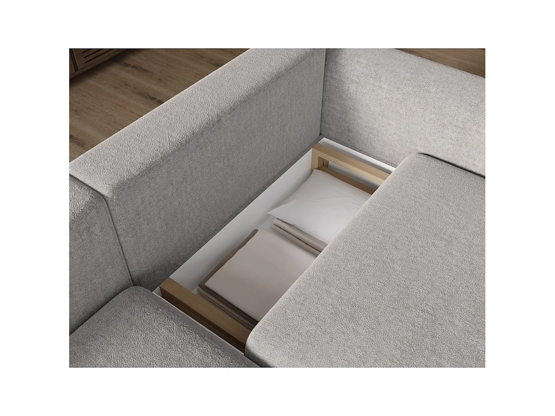 Canapé d'angle convertible ARVESSA gris clair bouclette – Angle gauche avec coffre