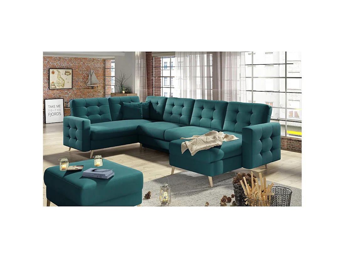 Sofá de esquina panorámico convertible U HASGARD 326 cm verde terciopelo con baúl