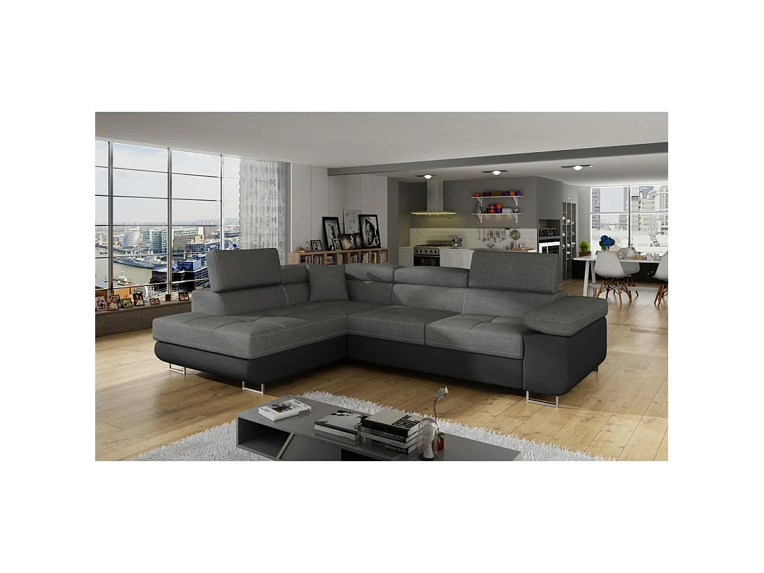 Canapé d'angle convertible MENTON gris et noir – Angle gauche avec coffre
