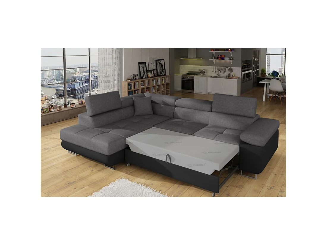 Canapé d'angle convertible MENTON gris et noir – Angle gauche avec coffre