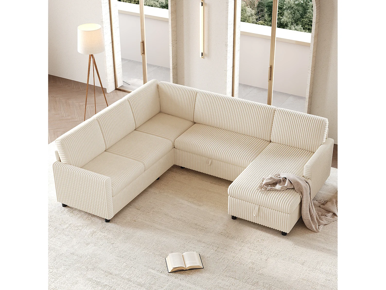 Canapé d'angle en U moderne - avec espace de rangement - avec espace de rangement - canapé convertible avec fonction couchage - velours côtelé - beige