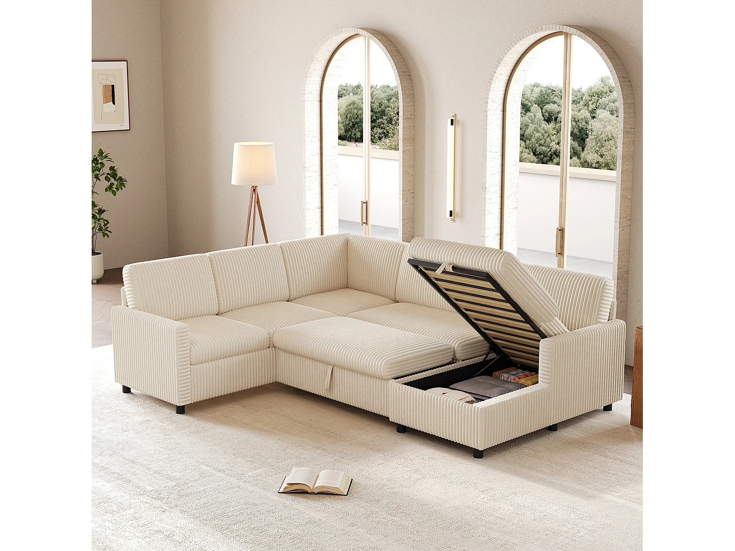 Canapé d'angle en U moderne - avec espace de rangement - avec espace de rangement - canapé convertible avec fonction couchage - velours côtelé - beige