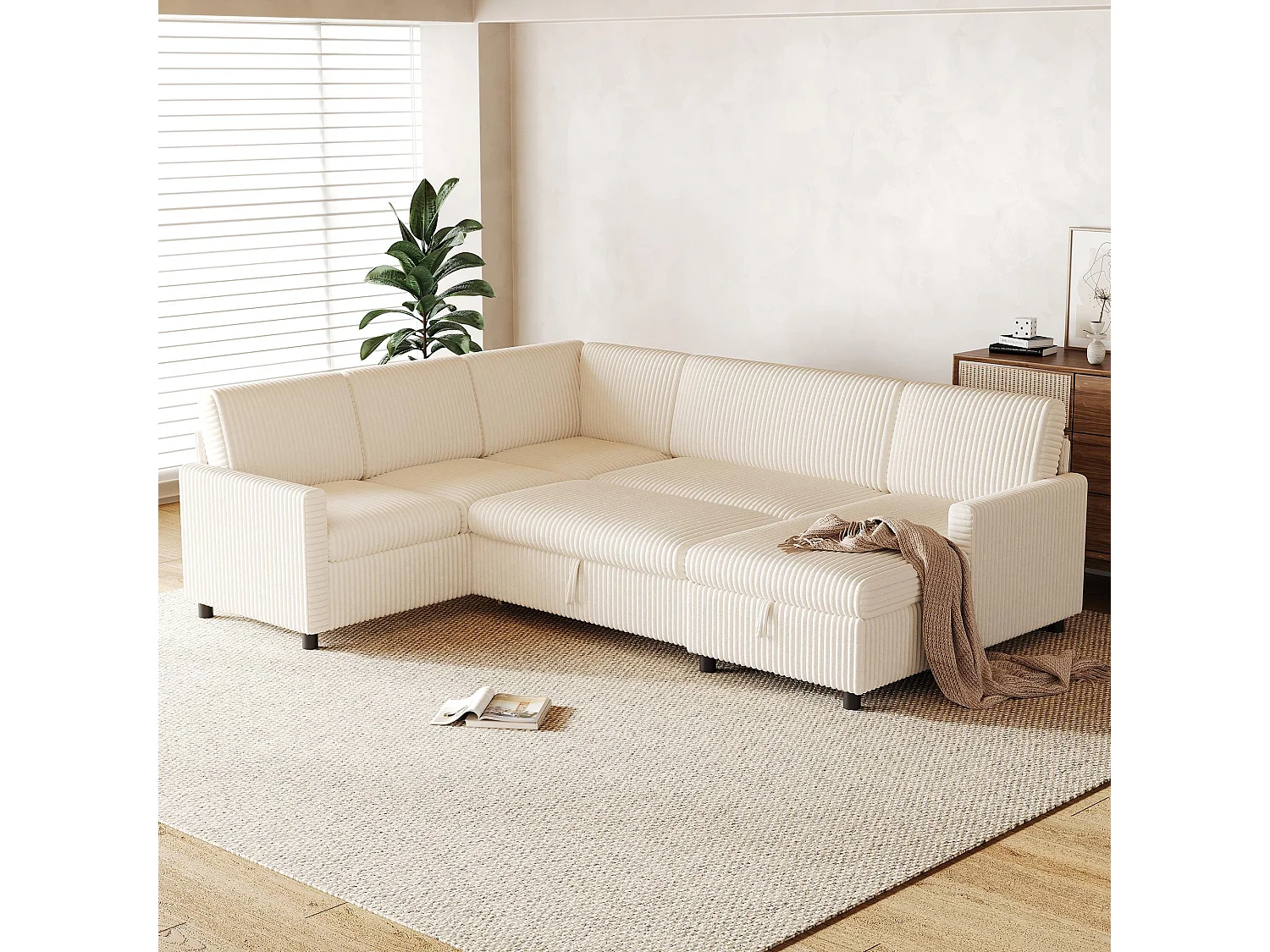 Canapé d'angle en U moderne - avec espace de rangement - avec espace de rangement - canapé convertible avec fonction couchage - velours côtelé - beige