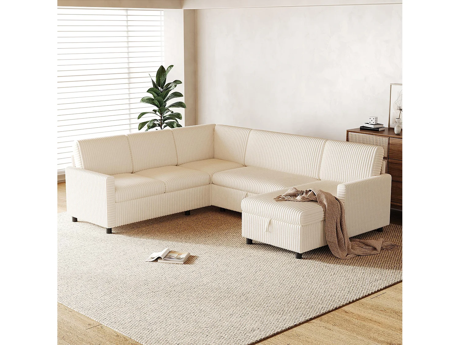 Canapé d'angle en U moderne - avec espace de rangement - avec espace de rangement - canapé convertible avec fonction couchage - velours côtelé - beige