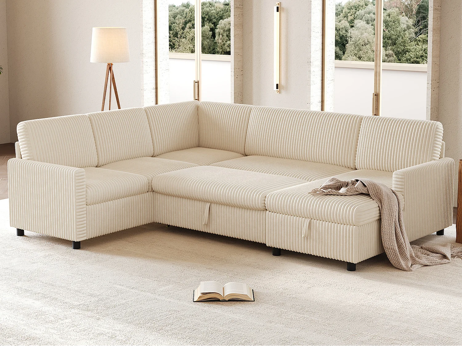 Canapé d'angle en U moderne - avec espace de rangement - avec espace de rangement - canapé convertible avec fonction couchage - velours côtelé - beige